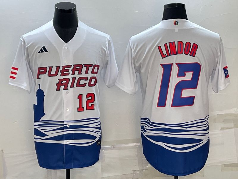 Men 2023 World Cub #12 Lindor White MLB Jersey4->more jerseys->MLB Jersey